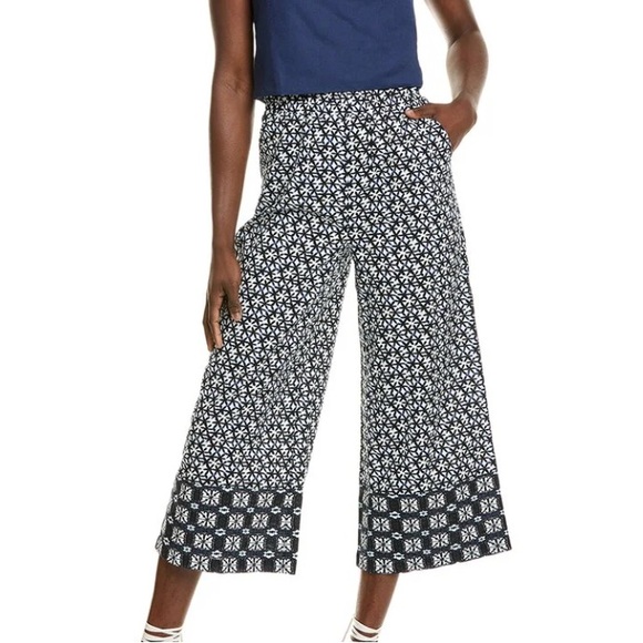 Kourt cropped Navy blue White Floral Wide Leg Pants geometric xl X-Large boho - Picture 1 of 9